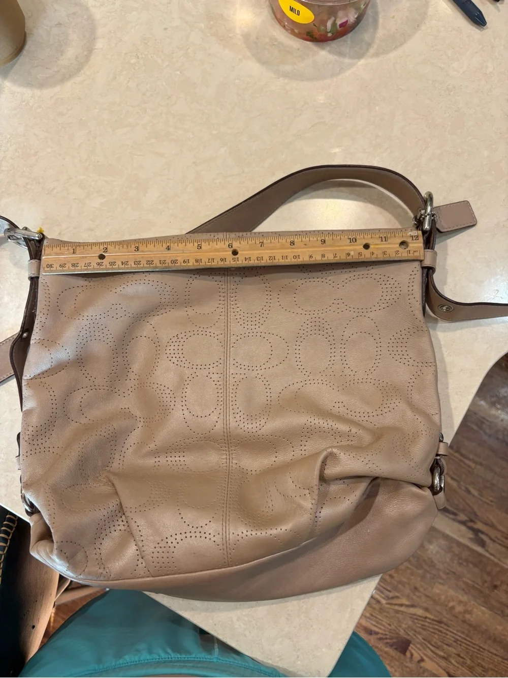 Coach Perforated Leather Shoulder Bag in Taupe